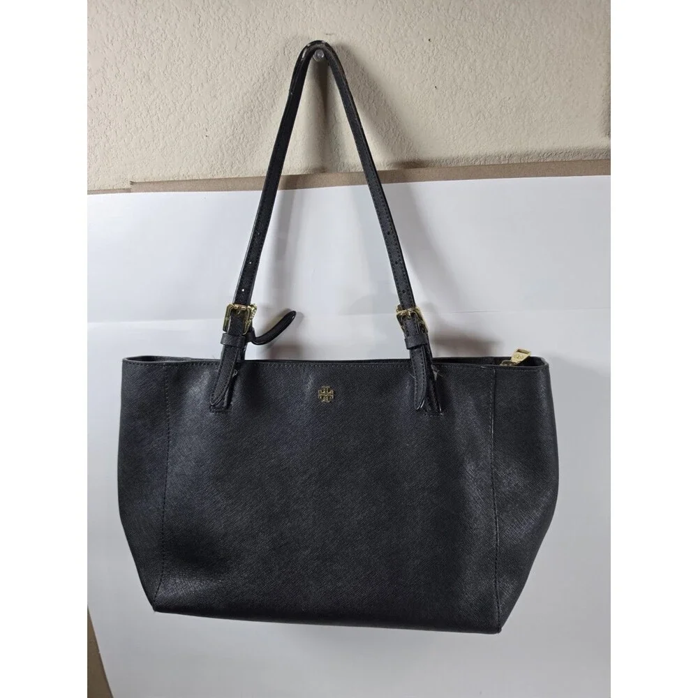 TORY BURCH Emerson/York Buckle Tote Saffiano Leather Designer Shoulder Bag BLACK